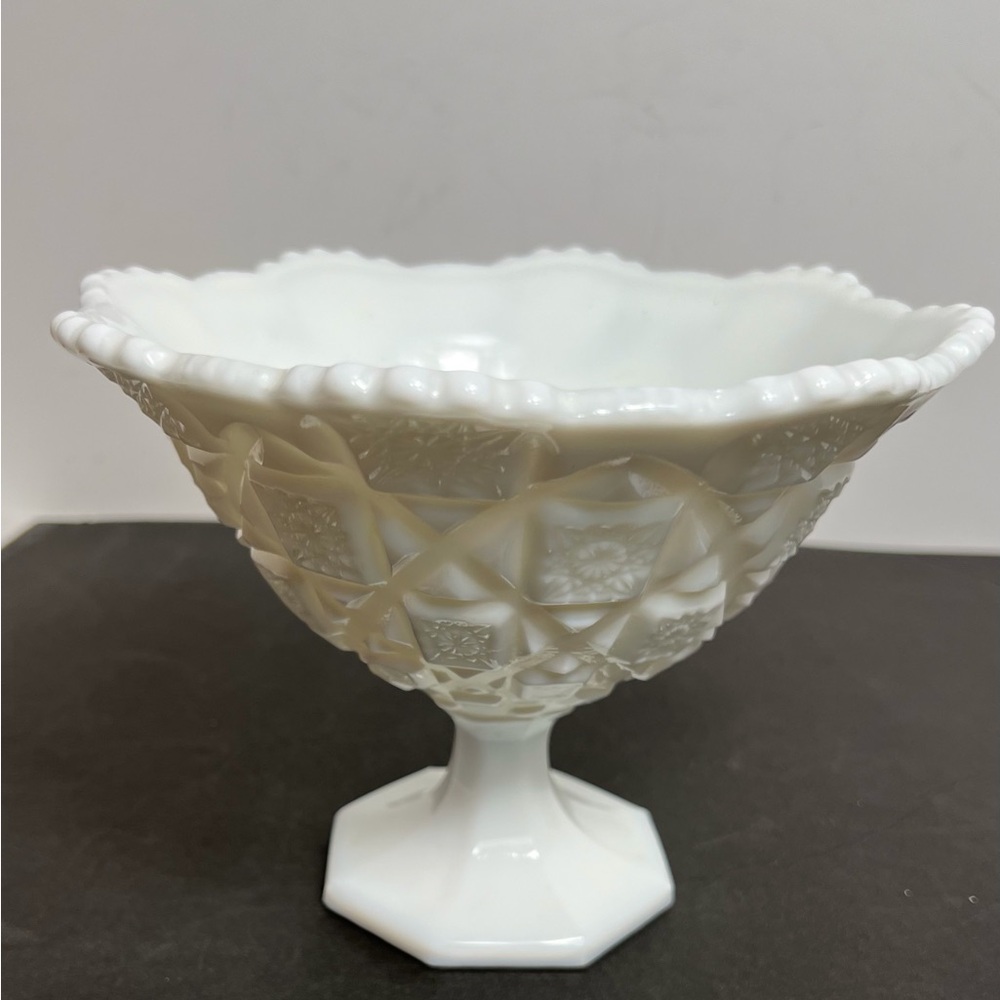Westmoreland Milk Glass Old Quilt Block & Star Pedestal Vintage Compote Bowl